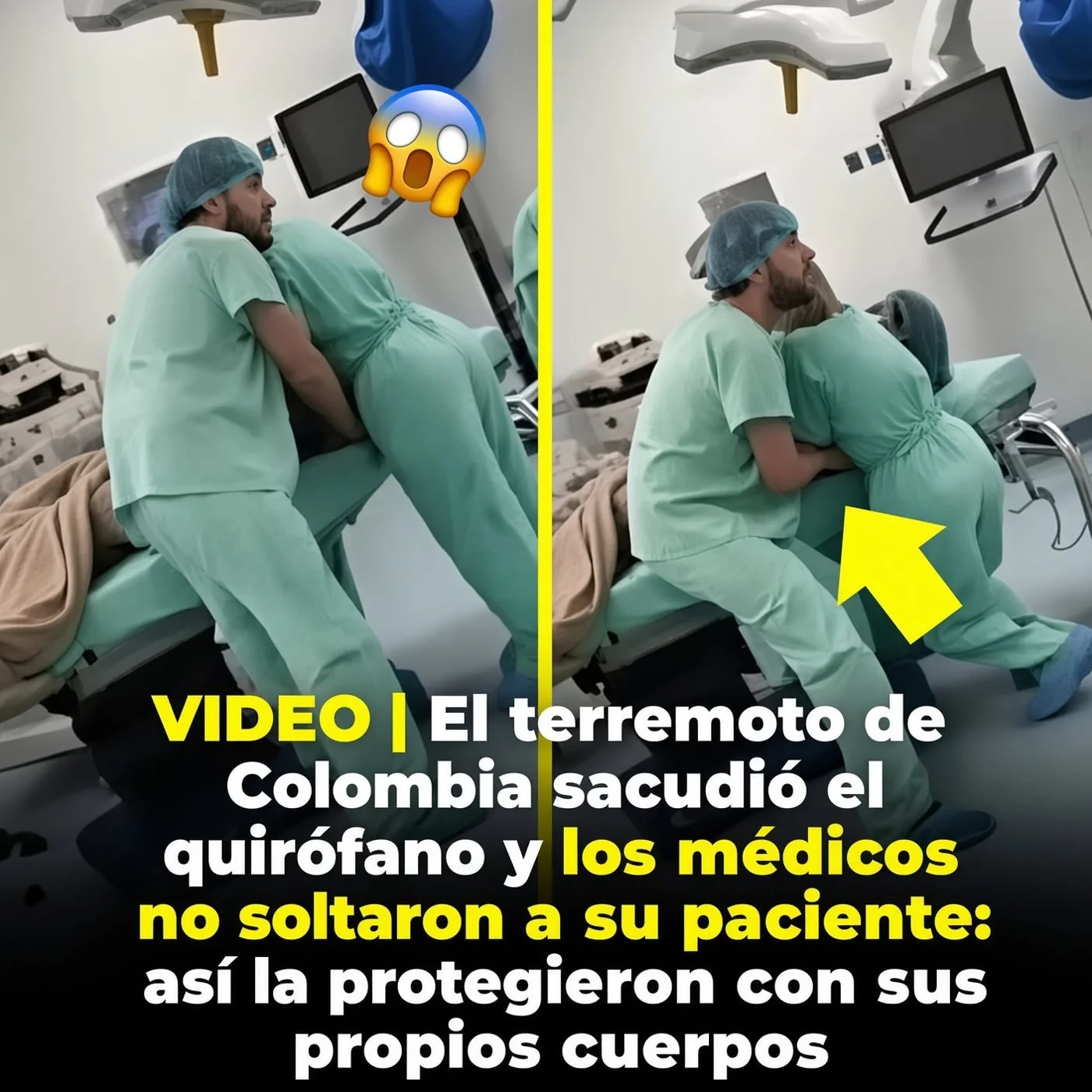 Personal médico protege a una paciente durante un sismo