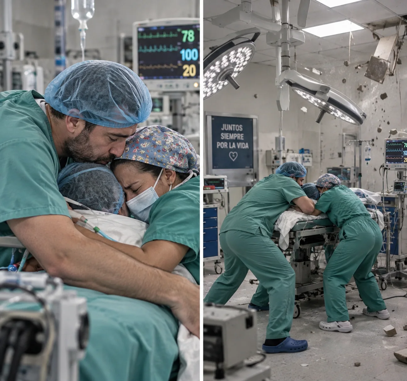 Recreación de un equipo médico permaneciendo unido alrededor de una paciente