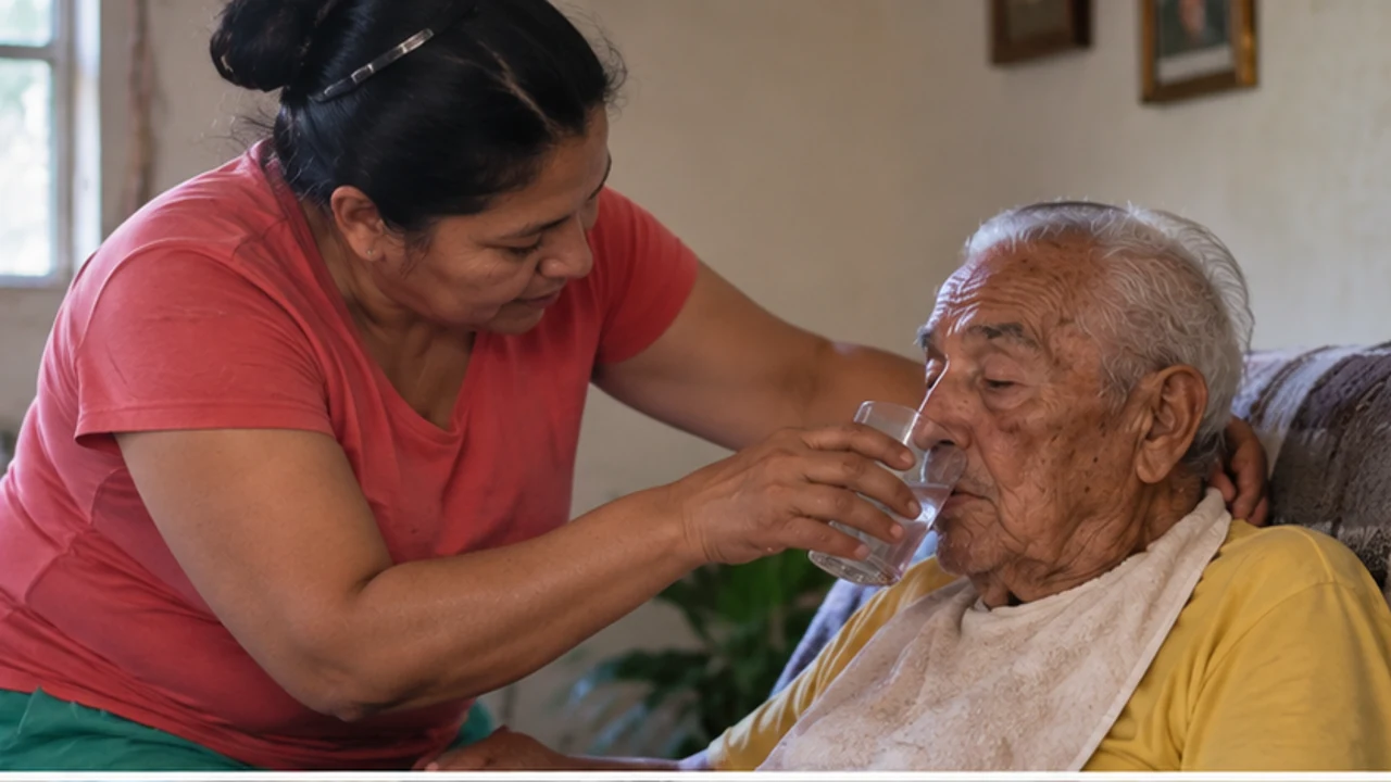 Una cuidadora ayuda a beber agua a un adulto mayor, imagen ilustrativa
