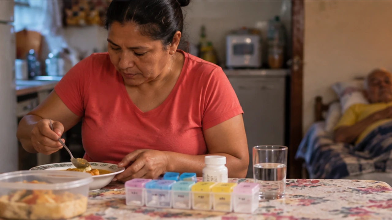 Cuidadora prepara alimentos y organiza una rutina de atención para un adulto mayor