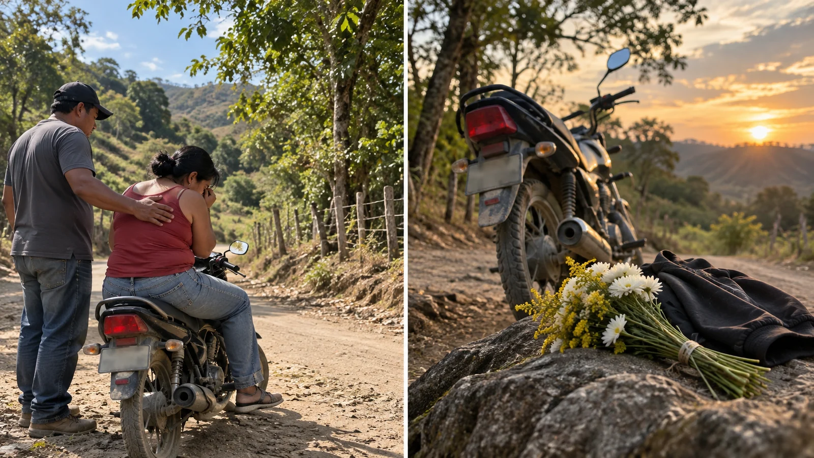 Ilustración editorial de una mujer afligida junto a una motocicleta en un camino rural