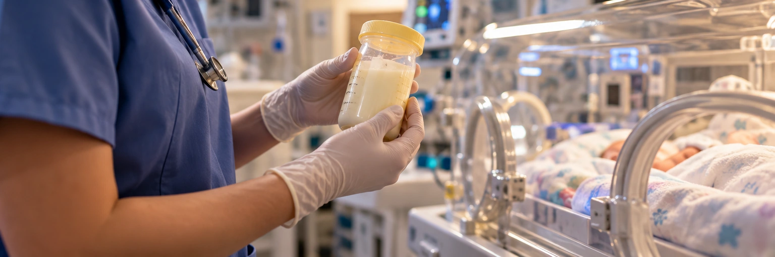Profesional sanitario sosteniendo leche humana junto a una incubadora neonatal