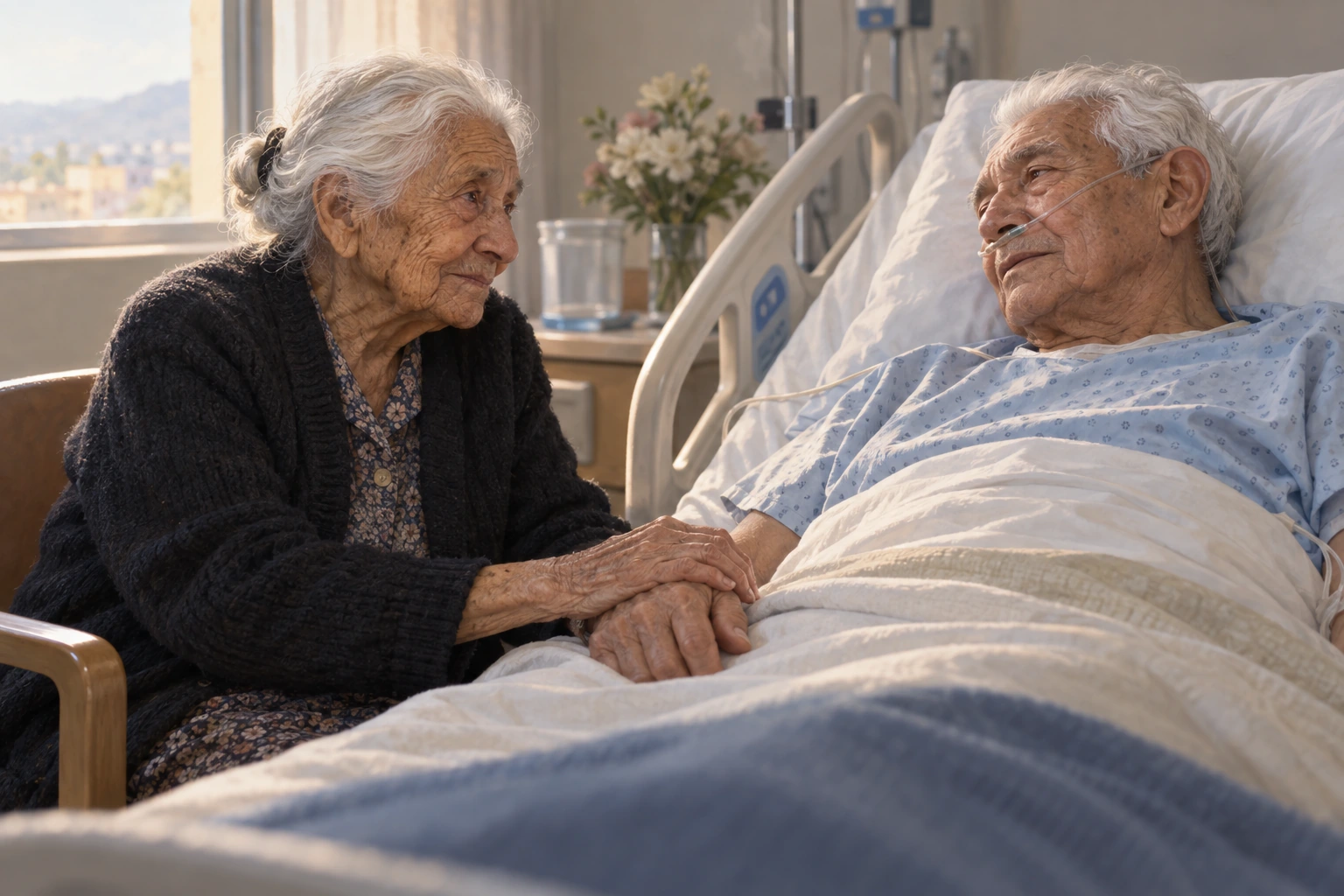 Ilustración creada con IA de una madre muy anciana tomando la mano de su hijo mayor en una habitación de hospital